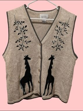 Vintage Y2k Eclectic Christopher & Banks Beige Knit Giraffe Embroidered Vest